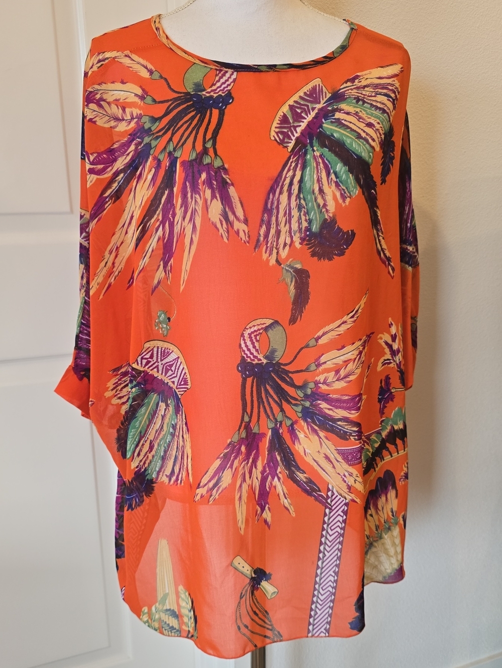 Bright Orange Floral Feather Print Women’s Sheer Hobo Top